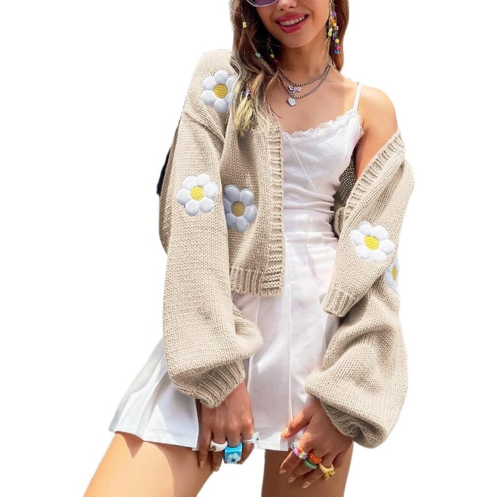 Womens Long Sleeve Open Front Flower Knit Cardigan Aesthetic Shrug Outfits